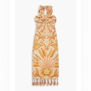 Farm Rio Jungle Chic Sand Midi Dress M NWT – Halterneck, Cut-Out Waist, Tassels